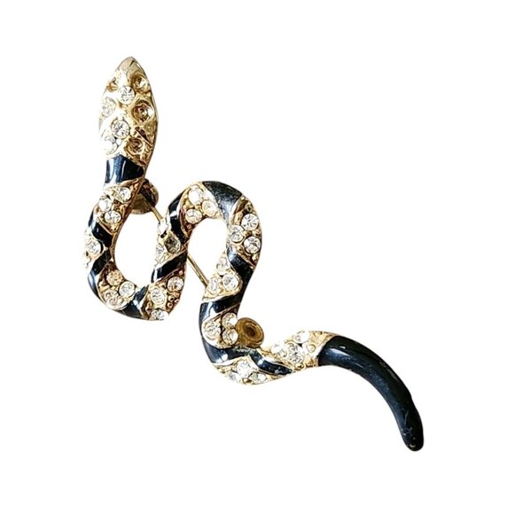Vtg Black Gold Tone Snake Brooch Enamel Rhinestone Serpent Jewelry 2.25" READ - Picture 1 of 10